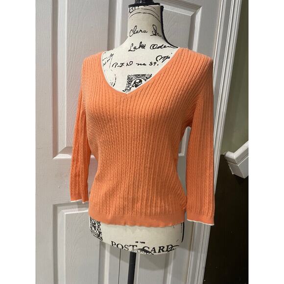 RALPH LAUREN CABLE KNIT SWEATER 100% COTTON V NECK SZ M CORAL/WHITE AESTHETIC - Picture 10 of 16